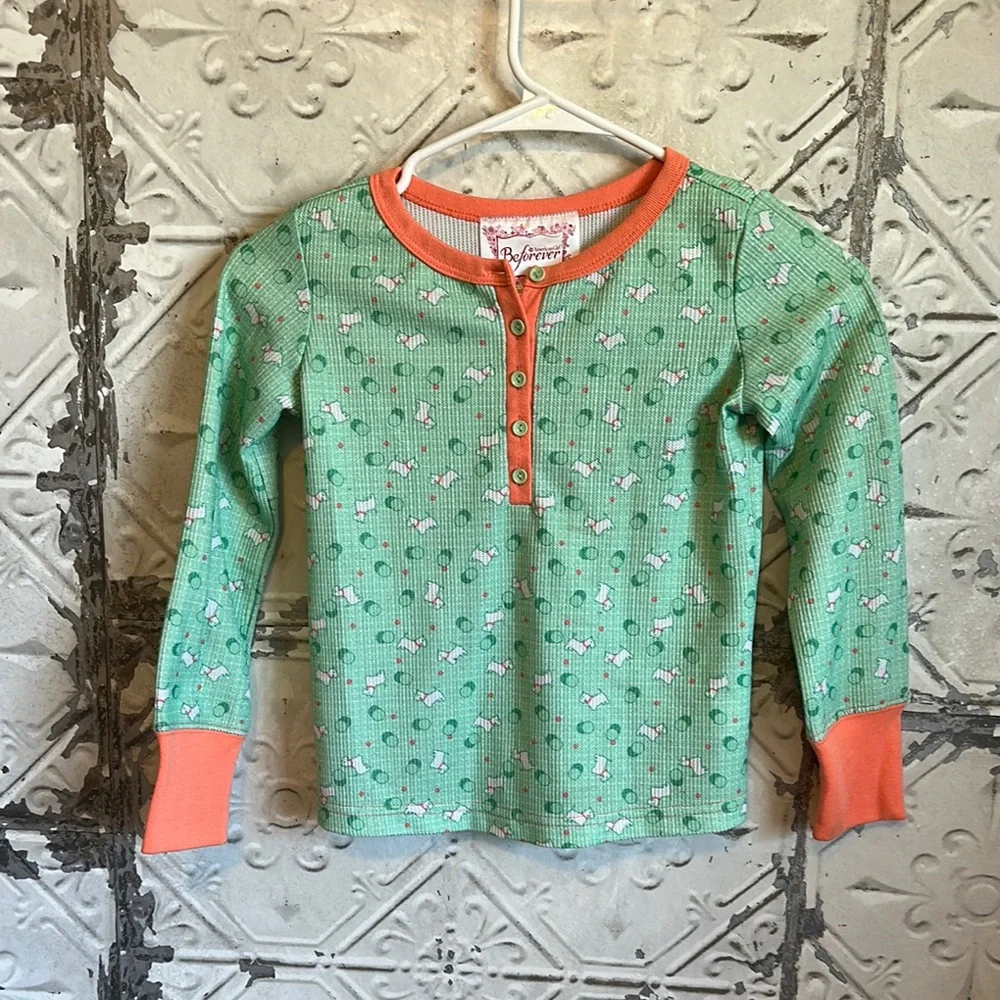 Girls’ American girl Green and Orange dog print Long pj Sleeve Shirt